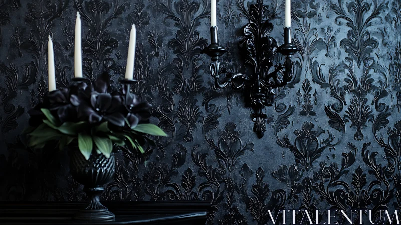 Black baroque wall with candles and dark floral centerpiece.