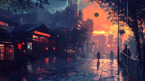 Neon city street glows at sunset with moody cyber ambience