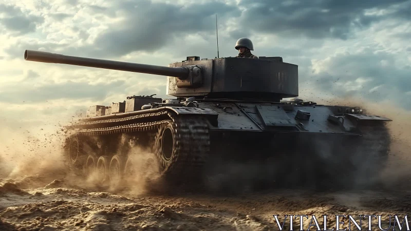 Heavy battle tank advancing fast across dusty terrain.