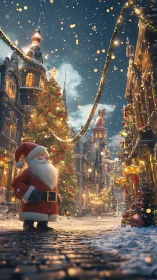 Santa walks a glowing winter street under festive lights