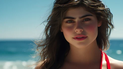 Sunlit gaze holds the sea while breeze paints her hair