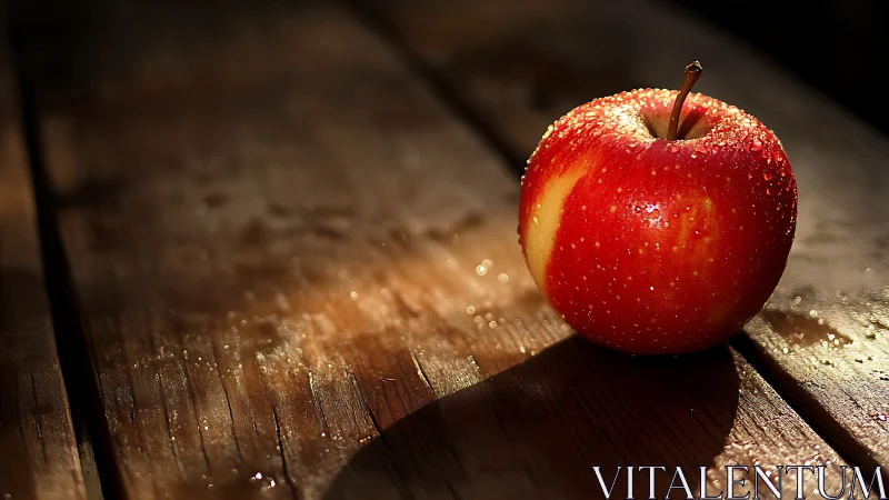 Sunlit dew-kissed apple posing on weathered wooden stage.