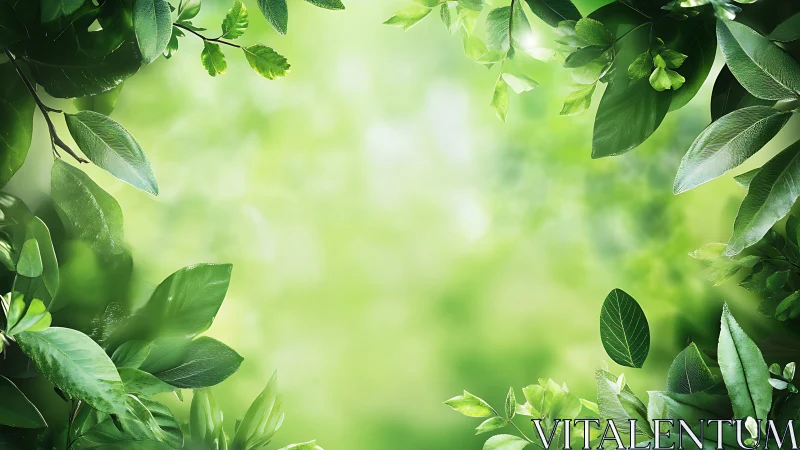 Lush green leaves frame a softly glowing nature background.