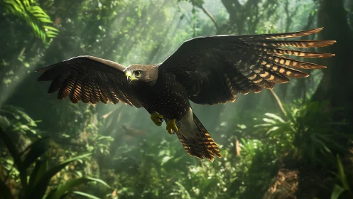 Forest raptor gliding through sunlit jungle hush.