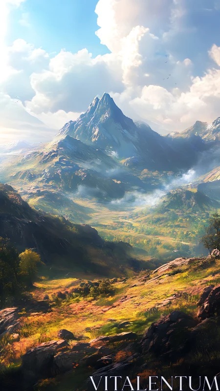 Sunlit highland spire rising above mistlit emerald valley.