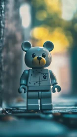 Toy bear astronaut minifigure stands in shallow depth bokeh