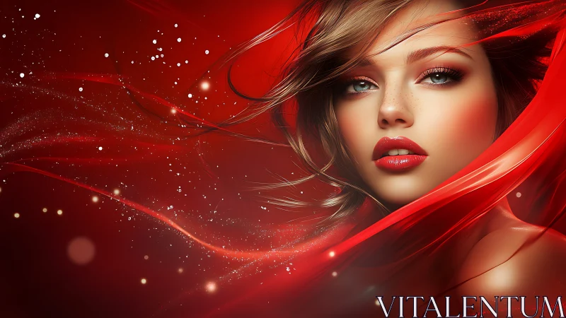 Chromatic portrait in red spectral flow with digital bokeh field.