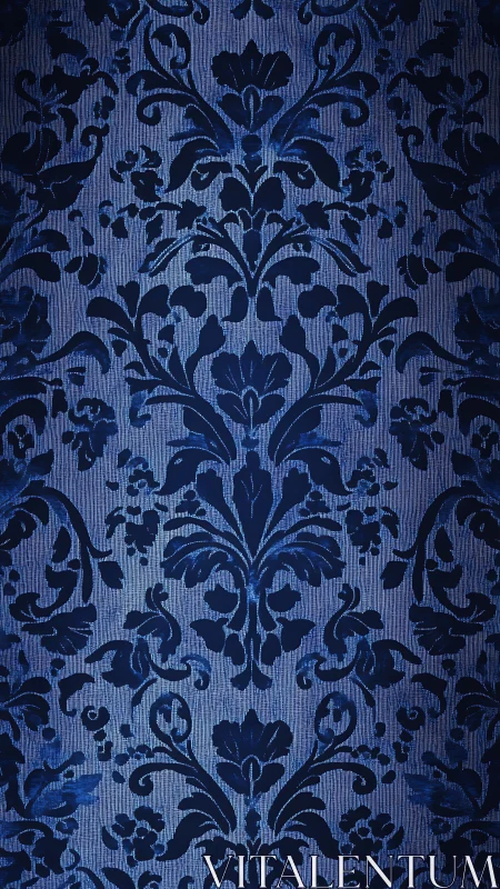 Midnight blue damask blooms over a quiet woven glow.