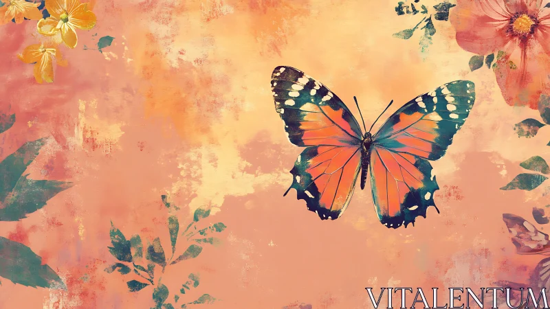Gentle butterfly glides across a dreamy floral sunset sky