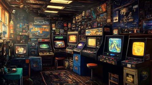 Neon-soaked retro arcade room packed with vintage cabinets.
