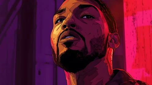 Neon-lit loner tilts toward the glow of a restless night.