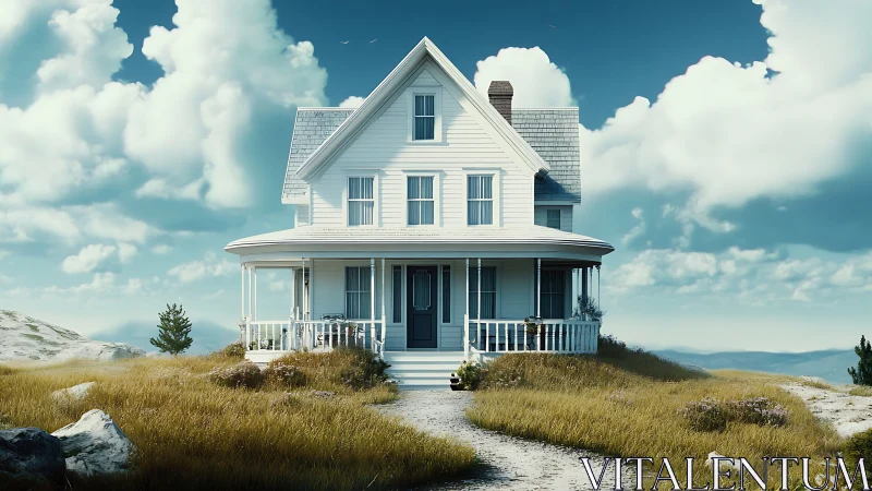 Coastal farmhouse under vast sky with wraparound porch.
