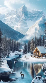 Snow-laden alpine river valley with log cabins and deer in focus