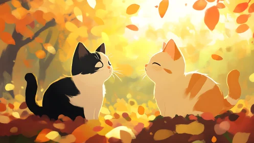 Two Cats Share Whispered Secrets Beneath Autumn's Golden Cascade