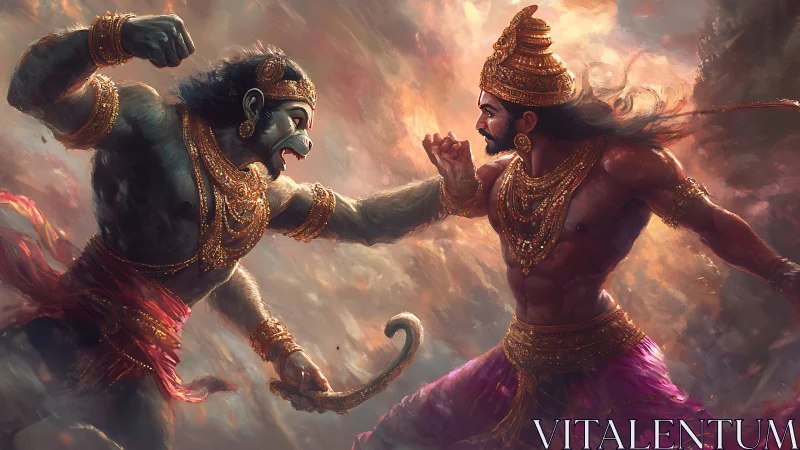 Mythic warriors clash in intense fantasy battle scene.