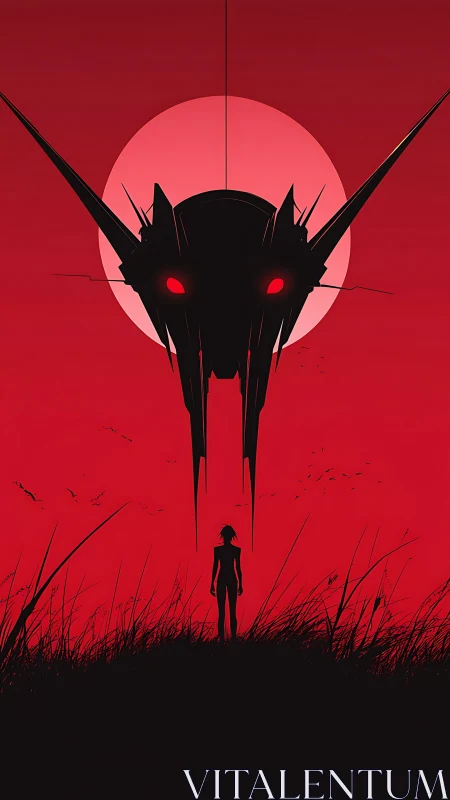 Silhouette faces alien mech under blood red moon.