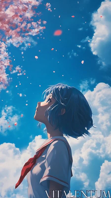 Blue haired schoolgirl under cherry blossoms and sky.