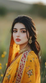 Portrait captures woman in ornate yellow traditional attire outdoors