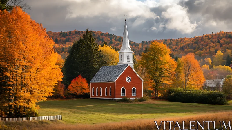 Red country church surrounded by bright autumn foliage.