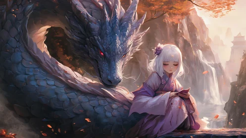 Serene shrine maiden rests beside her vigilant dragon guardian.