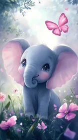 Baby elephant and pink butterfly sharing a gentle moment.