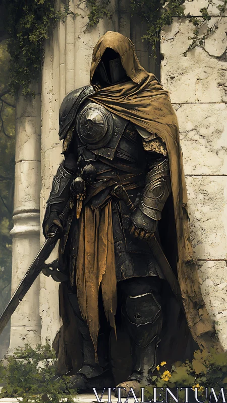 Hooded ruin-guard in weathered armor and golden cloth.