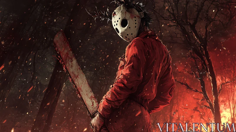 Nightmarish masked figure stands in a burning forest glow