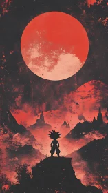 Scarlet lunar ascension with silhouetted warrior figure.