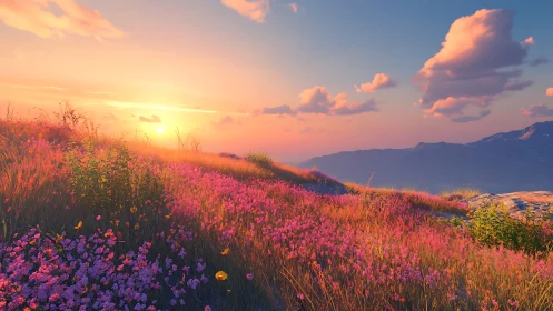 Sunlit hillside meadow with wildflowers and distant ranges.