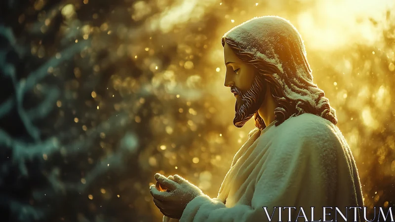 Snow-dusted Christ statue glows in backlit golden winter haze