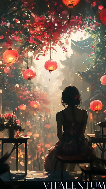 Lantern lit evening balcony with a girl lost in thought.