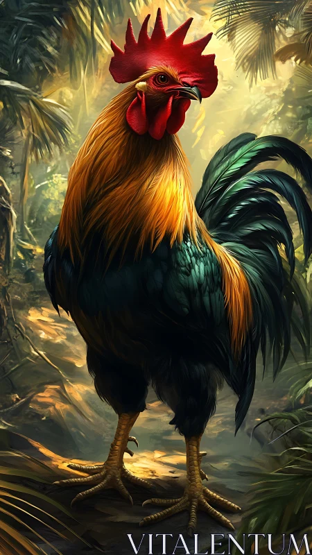 Rooster Portrait in Tropical Forest Setting with Golden Atmospheric Lighting