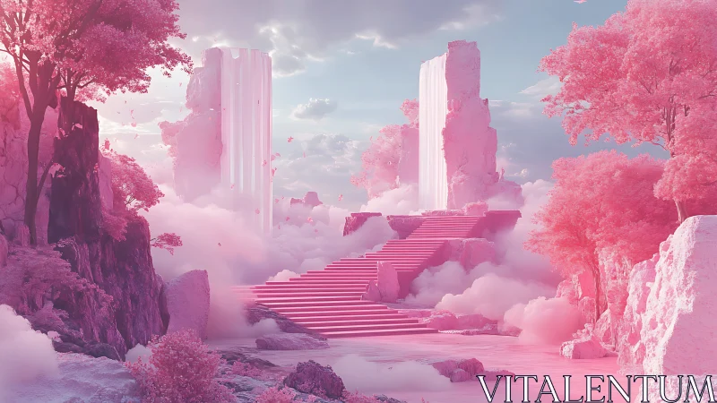 Monochrome pink ethereal stairway ascends through volumetric clouds
