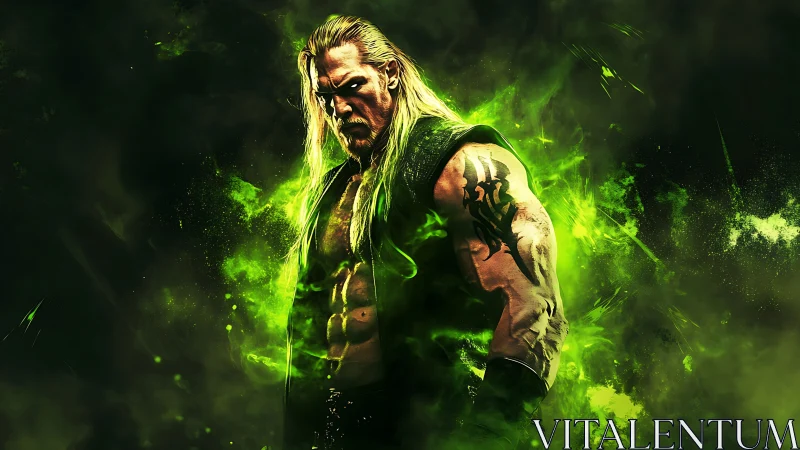 Digital painting of muscular warrior in neon green haze field.