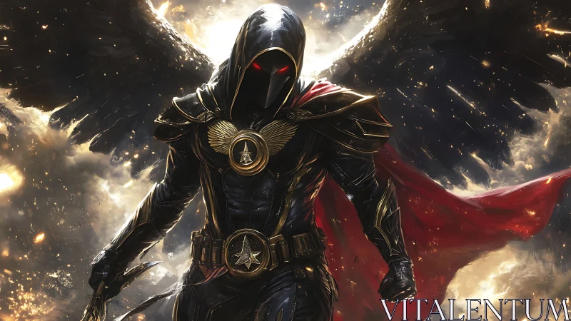 Winged shadow guardian strides through a storm of light.