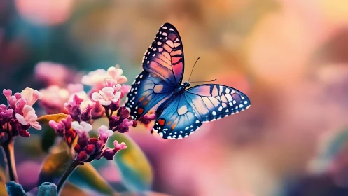 Blue butterfly on pink blossoms in soft bokeh garden.