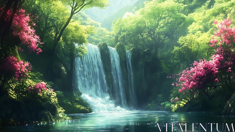 Lush forest waterfall with bright pink flowering trees.