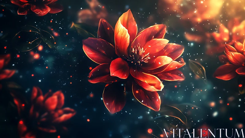 Luminous red lotus blossoms drifting through cosmic glow.