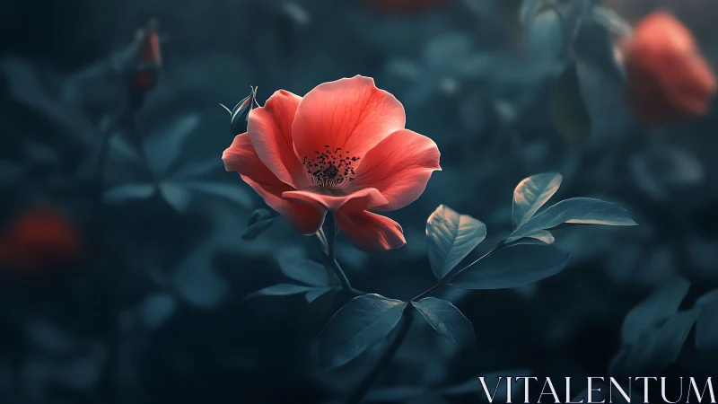 Vibrant Red Rose Blooming Against Moody Teal Foliage.