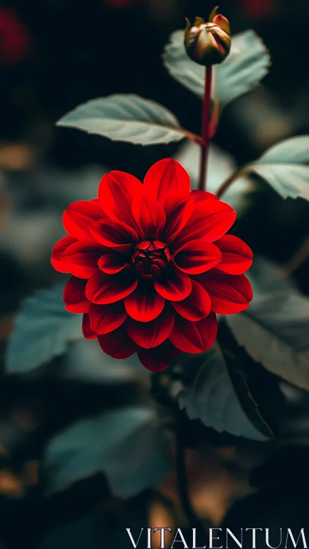 Vibrant Red Dahlia Blooming Among Muted Foliage.