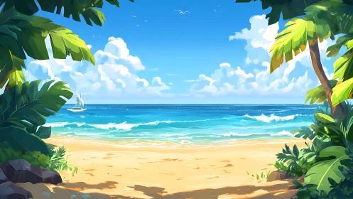 Tropical Beach Scene with Palm Trees and Sailboat