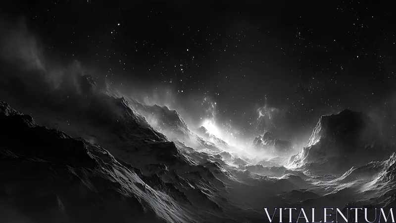 Starlit cosmic ridges under a quiet swirling nebula night.