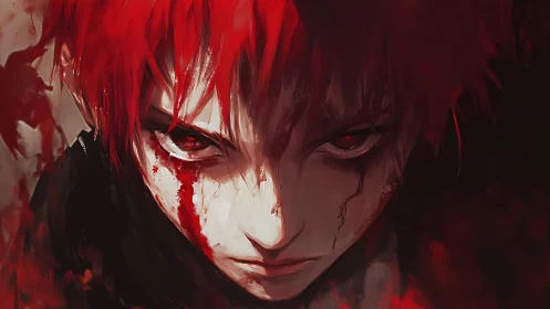 Bloodlit stare of the crimson‑haired avenger, unbroken gaze.