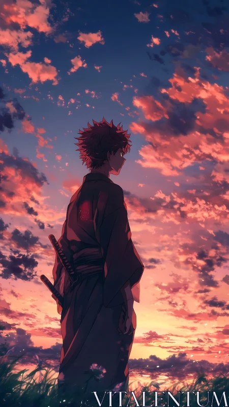 Samurai dreamer standing gently beneath a glowing sunset sky.