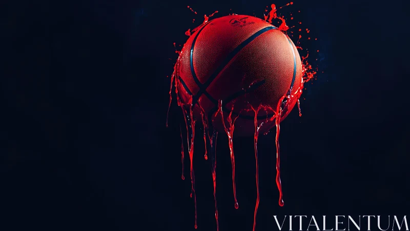 Basketball suspended in dripping red liquid on dark field.
