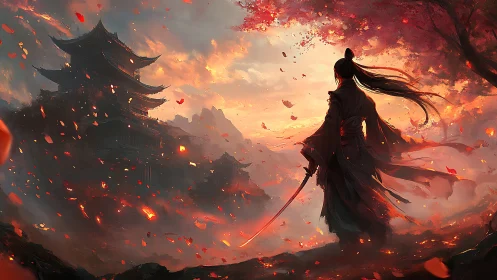 Lone samurai stands before misty temple at fiery sunset.