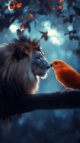Lion and bright orange bird share a quiet moonlit moment.