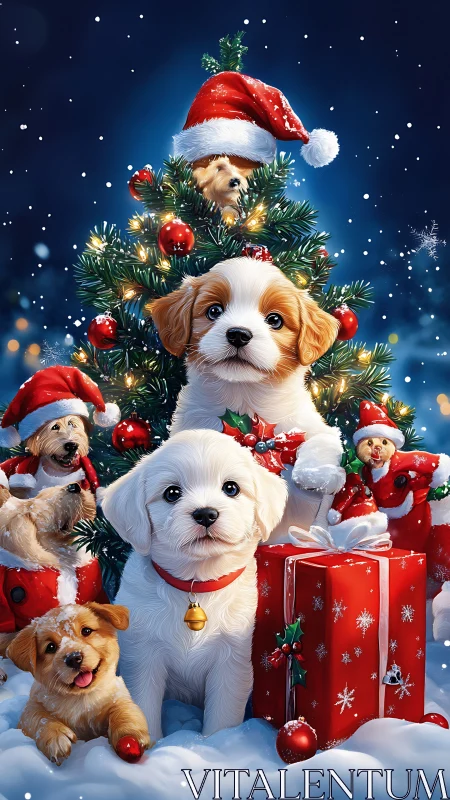 Christmas puppies gathered around decorated tree and gifts.