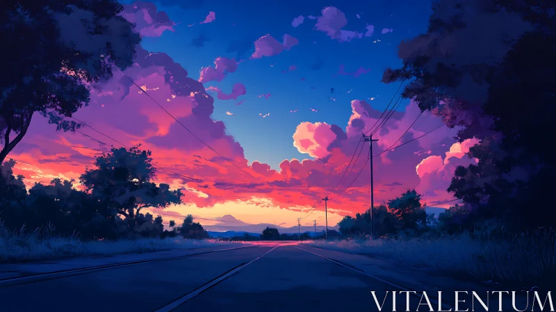 Sunset road stretches into a tranquil, pastel painted horizon