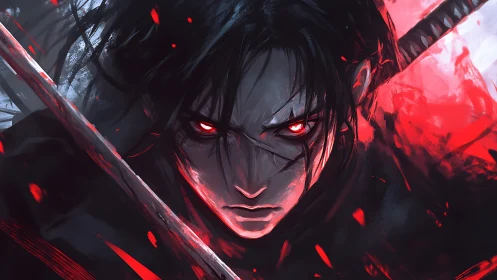 Crimson-eyed swordsman carves through storm-lit digital shadows
